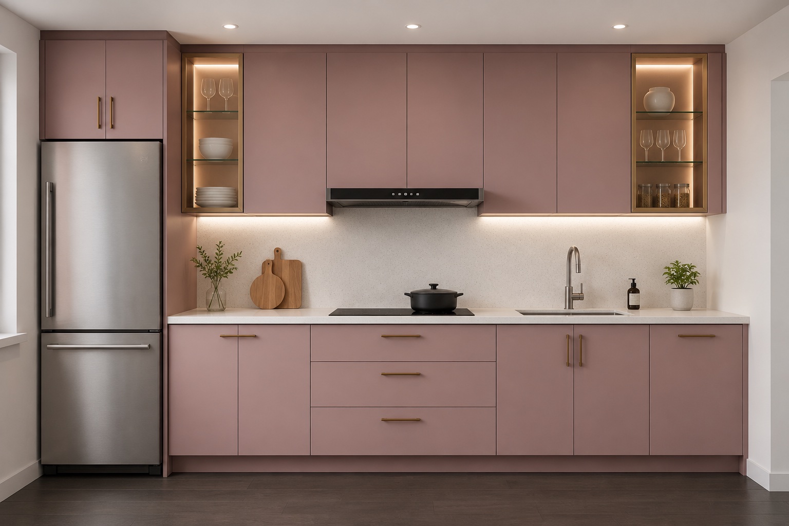 Sample 5005 used on a dusty rose kitchen with illuminated display cabinets