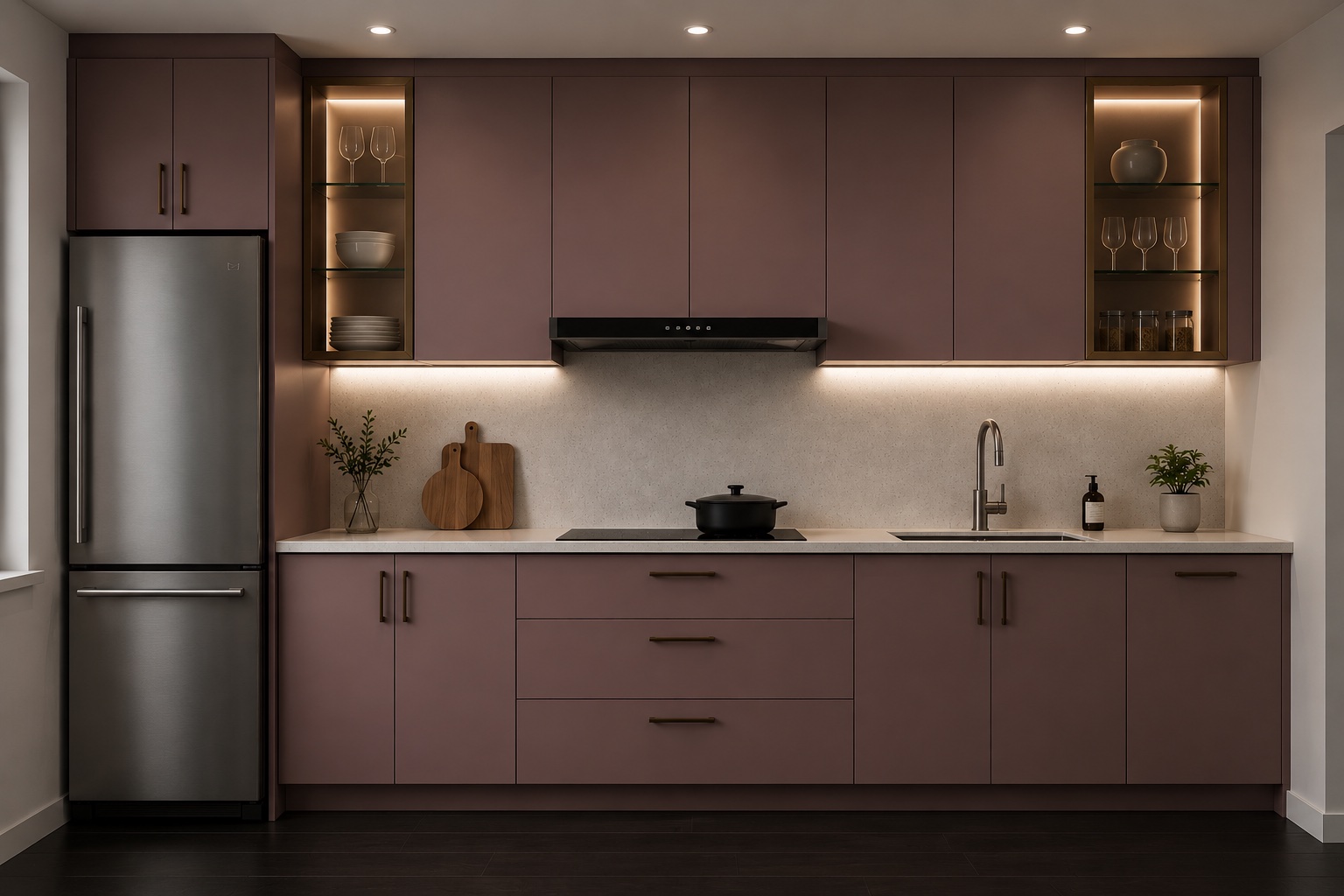 Alternate kitchen view using sample 5005 with warm lighting and dark hardware
