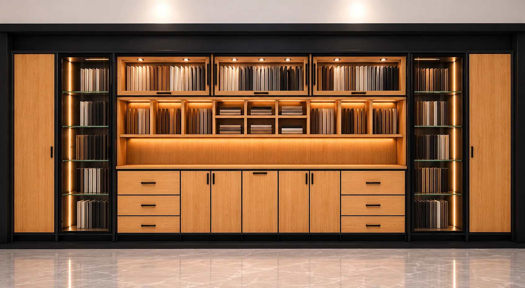 Illuminated built-in wood cabinetry wall with display shelves and lower storage
