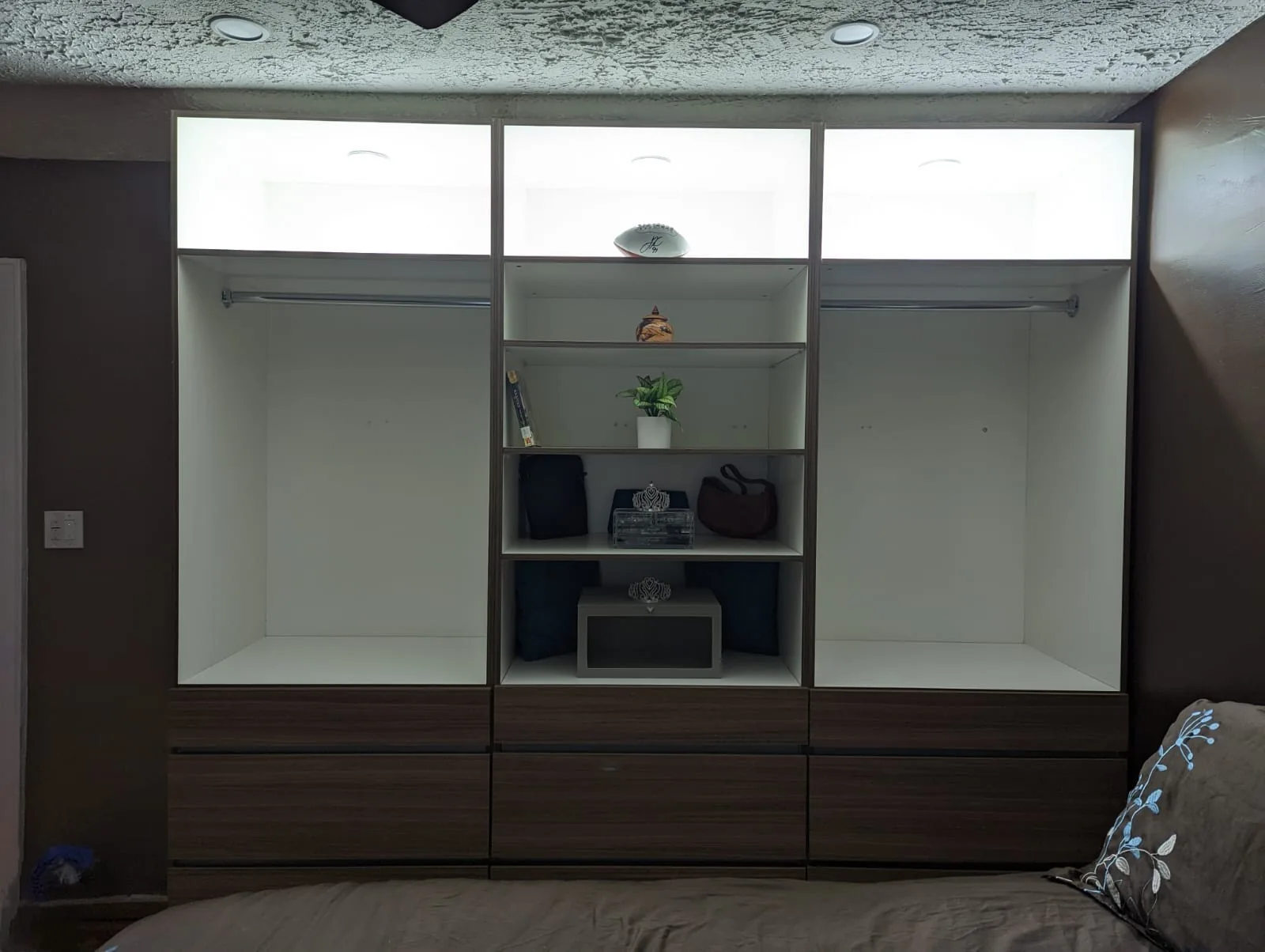 Dark wood custom wardrobe and illuminated shelving